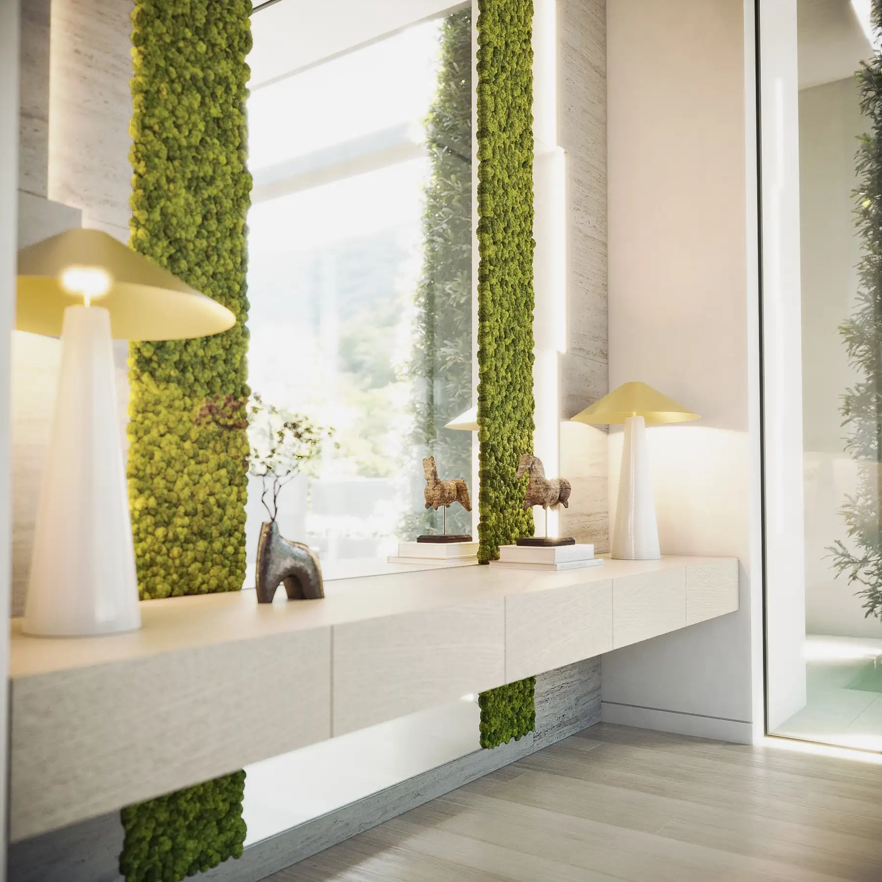 Ekskluzywna nieruchomość w Hiszpanii na sprzedaż – nowoczesne wnętrze z elementami zielonej ściany i designerskim oświetleniem.